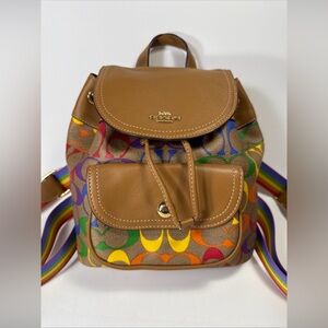 Coach C4097 Pennie 22 Tan Leather & Rainbow Signature Mini Backpack